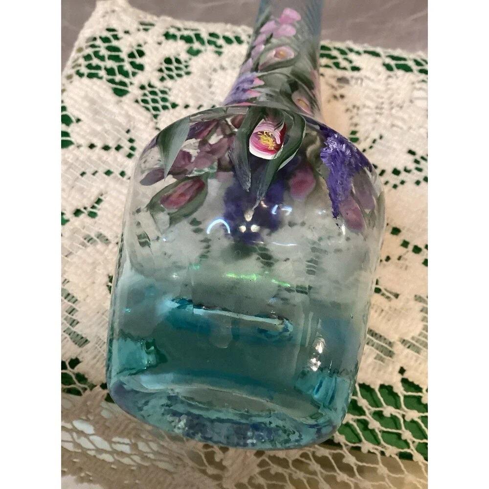 Blue Hand Painted Bud Vase Beautiful Pink & Purple Flowers Mother's Day Gift